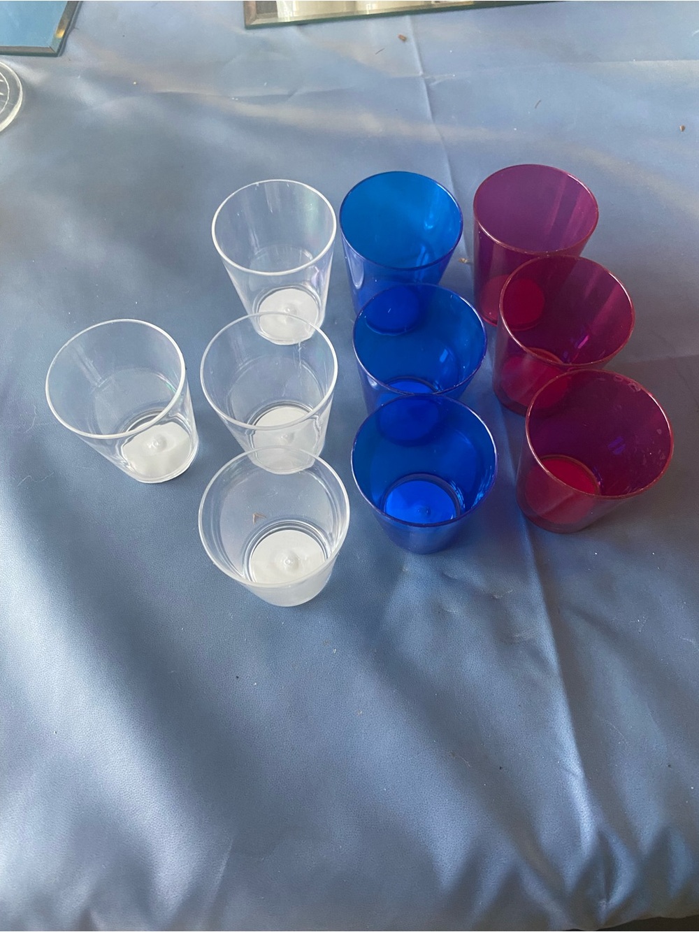 Set of Colorful Plastic Shot Glasses - Clear, Blue & Red